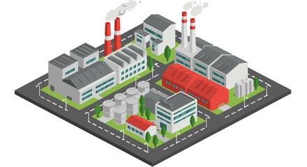 Fototapeta premium Isometric industrial complex with factories and chimneys in urban setting