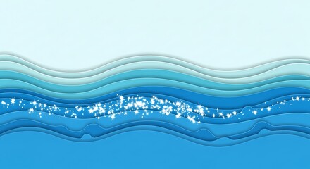 Abstract Layered Blue Water Waves with Sparkling Highlights for Tranquil Backgrounds
