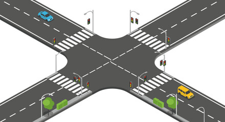 Urban intersection isometric design with crosswalks and traffic lights