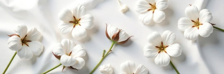 Fototapeta premium Elegant cotton blooms scattered on a pristine white cotton cloth Clean, simple aesthetic , floral, soft
