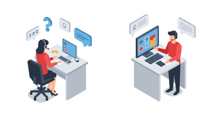 Isometric office communication: woman with headset, man at desk with computer monitors