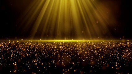Golden particles flow towards the screen like galactic stars, with light scattered from the top. Used for title elements, logo displays, video openings, and award stage background videos. 4K.