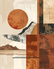 Abstract artwork depicting a sun over mountains with a geometric design