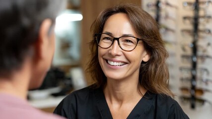 A friendly female optometrist smiles while discussing eyewear options with a client, showcasing warmth and professionalism in a modern optical store environment.