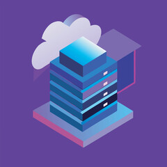Fototapeta premium Isometric cloud computing server rack with data storage and network connections
