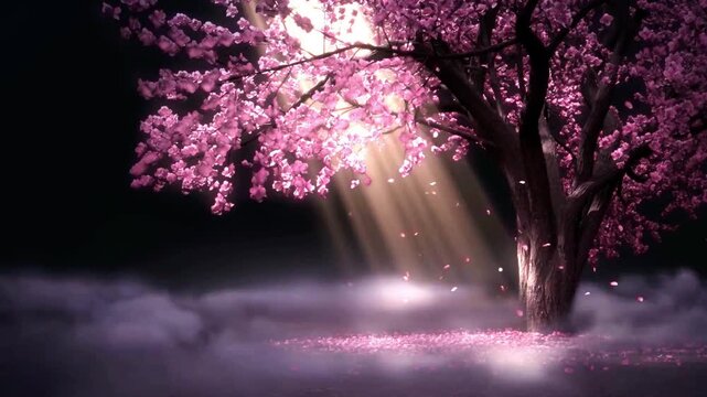 Pink cherry blossom petals falling, background video, cherry blossoms in 3D space, spring petals falling, beautiful romantic stage background video, dance background, loop video.