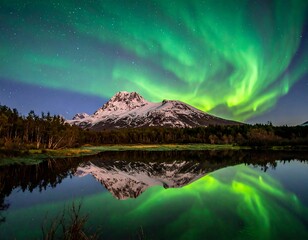 A stunning display of the aurora borealis illuminates the night sky over a snowy mountain reflected in tranquil water