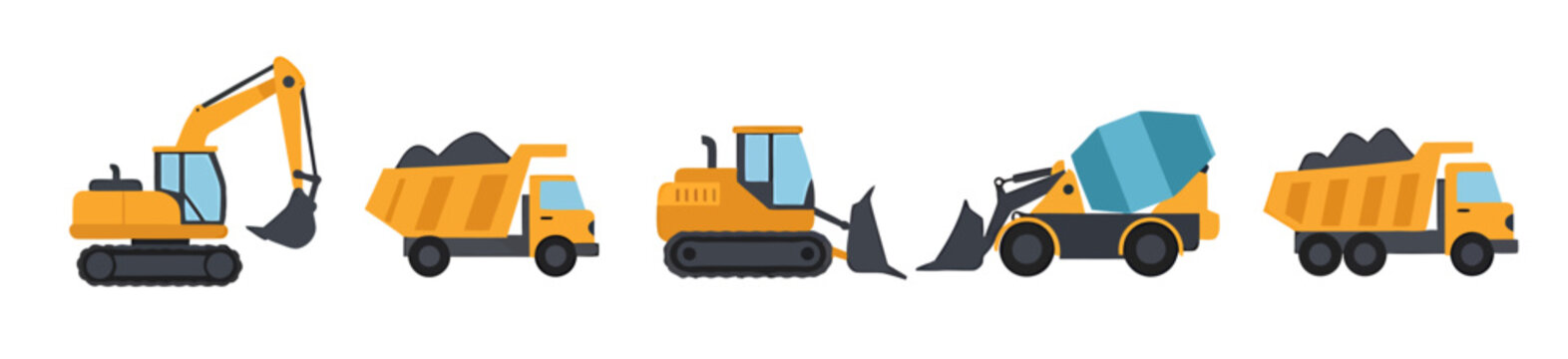 Row of five yellow construction vehicles against a white background