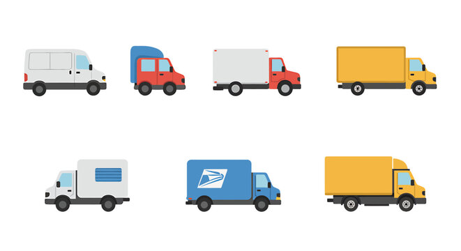 Six stylized vector illustrations of delivery and utility trucks on a white background