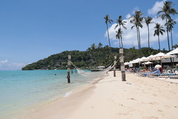 relaxing tropical scene from Thailand showing hammocks strung between palm trees on a white sandy beach
