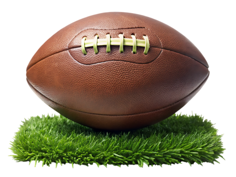 American football, brown textured leather with yellow laces resting on green artificial grass, cutout, PNG isolated on white or transparent background