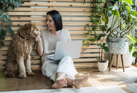 Beautiful woman feeding dog and working at home