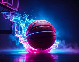 A vibrant basketball ignites with glowing neon and smoky effects. The ball sits on a court near a hoop with a dreamlike glow