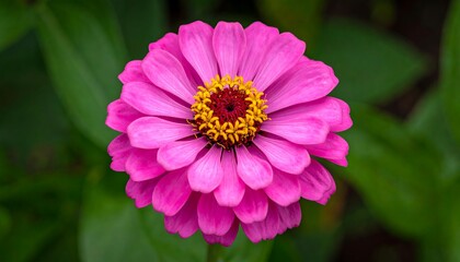 A vibrant, close-up image showcases a fully bloomed pink flower with a yellow and red center, set against a blurred green foliage backdrop
