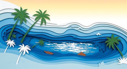 Abstract Beach Scene with Palm Trees and Ocean Waves Paper Cut Illustration