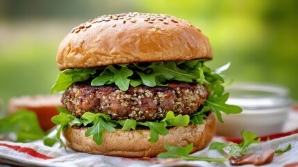 Gourmet Quinoa Burger with Arugula on Sesame Seed Bun, Delicious and Healthy Vegetarian Burger on Rustic Background, Food Photography