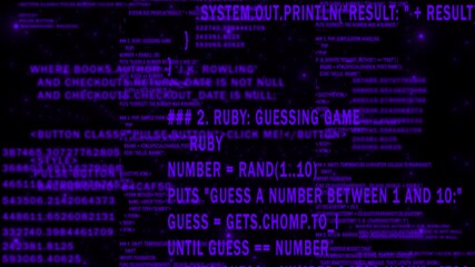 Purple color network programming and data code scrolling, computing and digital interface structure digital background - Powered by Adobe