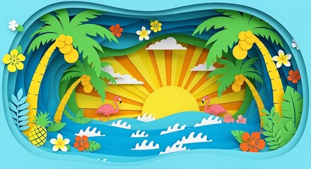 Tropical Paradise A Papercut Landscape with Palm Trees, Flamingos, and Sun