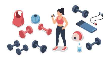 Fitness equipment and workout essentials in modern isometric style