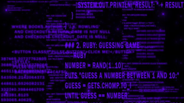 Purple color network programming and data code scrolling, computing and digital interface structure digital background