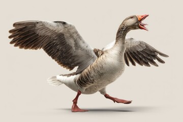 Funny goose with wild open beak honking loudly