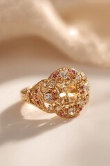 golden jewelry ring with diamonds