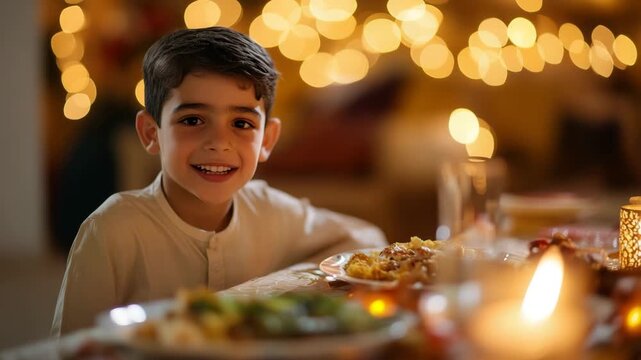 Muslim boy enjoying festive dinner during ramadan celebration