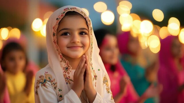 Portrait of a young muslim girl smiling and praying with her hands joined together, surrounded by other children in a religious setting