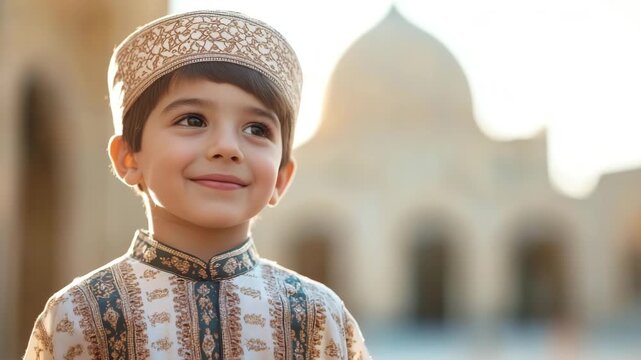 Closeup young omani boy smiling, dressed in traditional attire, representing omani culture and heritage