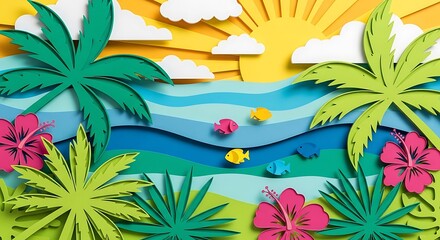 Colorful paper cut tropical beach scene with palm trees, bright sun, ocean waves, and playful fish, evoking a summer vacation paradise