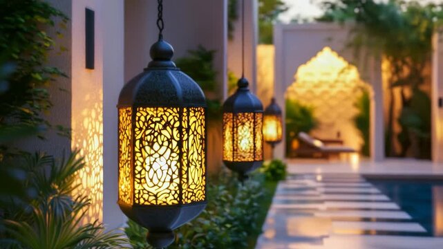 Ornate lanterns illuminating a luxurious moroccan resort at twilight