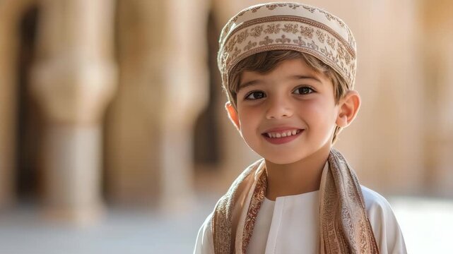 Portrait of smiling omani boy wearing traditional kumma and dishdasha