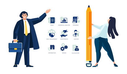Vector illustration. A businessman and a woman secretary analyze the financial market, business, people. icons, sign, infographics. Investor money, investment growth financing. Blue design, banner