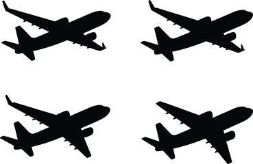 Black airplane silhouettes in flight aircraft travel