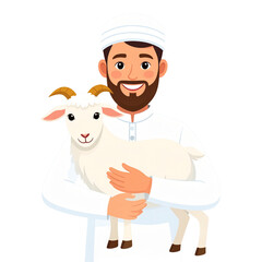 A cheerful cartoon Muslim man lovingly holds a goat, symbolizing the spirit of Eid al-Adha and the Islamic tradition of sacrifice. Ideal for festive designs, greeting cards, and religious illustration