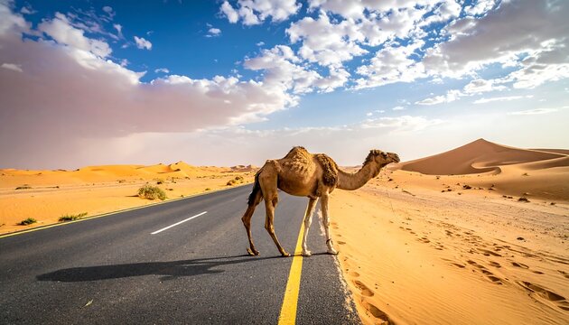 A majestic camel traversing a desert road under a vibrant blue sky with fluffy clouds. Sand dunes stretch across the vast landscape