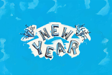 New Year text with firecrackers stylized as air balloons on the white highlight and light-blue brush-stroke background; an oil-painting-styled vector illustration perfect for greeting cards.