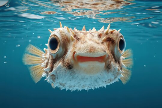 Funny puffed-up pufferfish with bug eyes staring at camera
