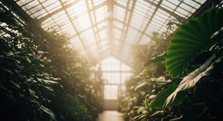 Lush Greenhouse Interior Sunlight Streaming Through Glass Roof Warm Light Illuminating Plants Exotic Flora Cultivation Greenery Abundance Tranquil Oasis Natural Beauty