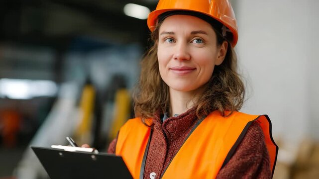 A confident woman wearing an orange safety vest and helmet stands in a worksite, exemplifying empowerment and professionalism in typically male-dominated industries.