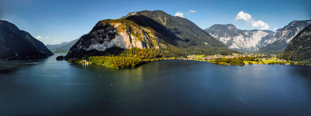 Panoramic aerial view of Lake Hallstatt, in the Salzkammergut region of Austria