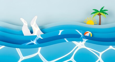 Summer Dive A playful paper-cut scene of swimming, beach, and relaxation