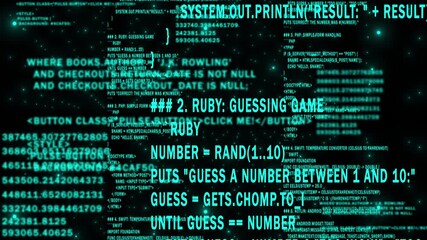 Cyan color network programming and data code scrolling, computing and digital interface structure digital background - Powered by Adobe