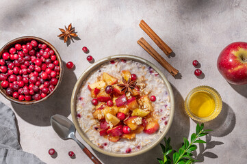 Overnight oatmeal with apples, cranberries, and cinnamon in a bowl on a light background