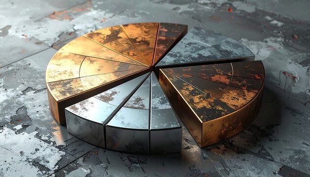 A metallic pie chart depicts various segments with different textures, suggesting data breakdown on a textured surface. The pie chart has a three-dimensional appearance with varying shades - Powered by Adobe