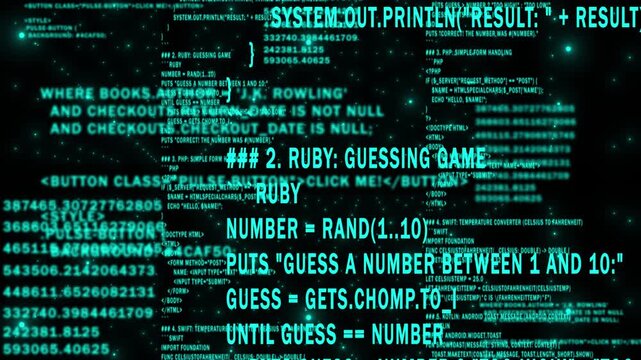 Cyan color network programming and data code scrolling, computing and digital interface structure digital background - Powered by Adobe