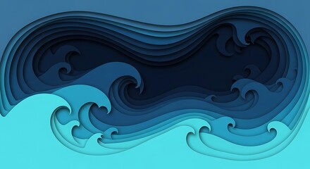 Dynamic layered paper cut illustration capturing the powerful motion and depth of ocean waves in various shades of blue, symbolizing the sea's intricate beauty and strength