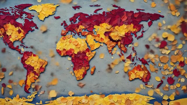 World map made from autumn leaves changing form on a gray surface, symbolizing seasonal global transition footage.