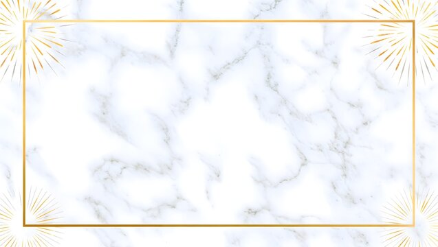 Golden Rectangle Frame on White Marble Background with Sunburst Design Elements in Corners for Luxurious Design, Elegant Border, and Template