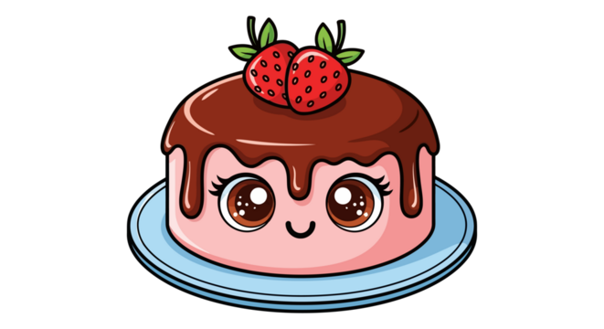 Cute Kawaii Strawberry Chocolate Cake Character with Big Eyes